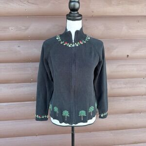 Vtg Woolrich Womens Black Embroidered Pine Tree Full Zip Cardigan Sweater Small